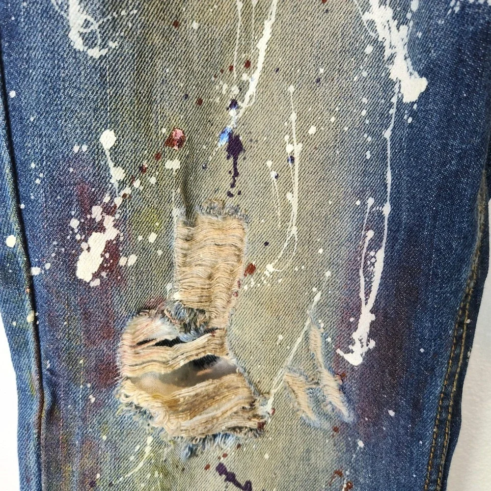 Urban Color Jeans Paint Splatter Distressed‎ Blue Denim Streetwear 36x32